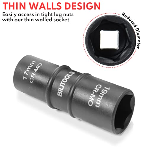 BILITOOLS Lug Nut Impact Socket Set, 1/2 inch Drive Flip Socket Set Metric 17-19 - 21-22 mm & SAE 3/4-13/16-7/8-15/16 inch, Cr-Mo Thin Wall Wheel Protector Nut Socket