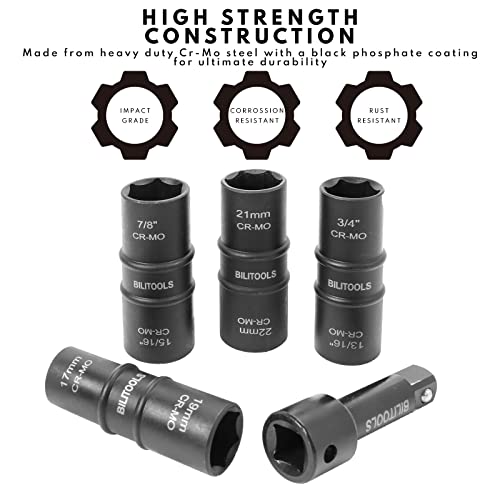 BILITOOLS Lug Nut Impact Socket Set, 1/2 inch Drive Flip Socket Set Metric 17-19 - 21-22 mm & SAE 3/4-13/16-7/8-15/16 inch, Cr-Mo Thin Wall Wheel Protector Nut Socket