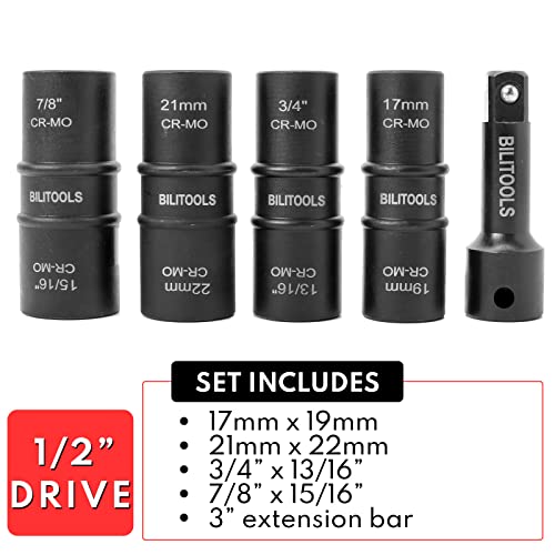 BILITOOLS Lug Nut Impact Socket Set, 1/2 inch Drive Flip Socket Set Metric 17-19 - 21-22 mm & SAE 3/4-13/16-7/8-15/16 inch, Cr-Mo Thin Wall Wheel Protector Nut Socket