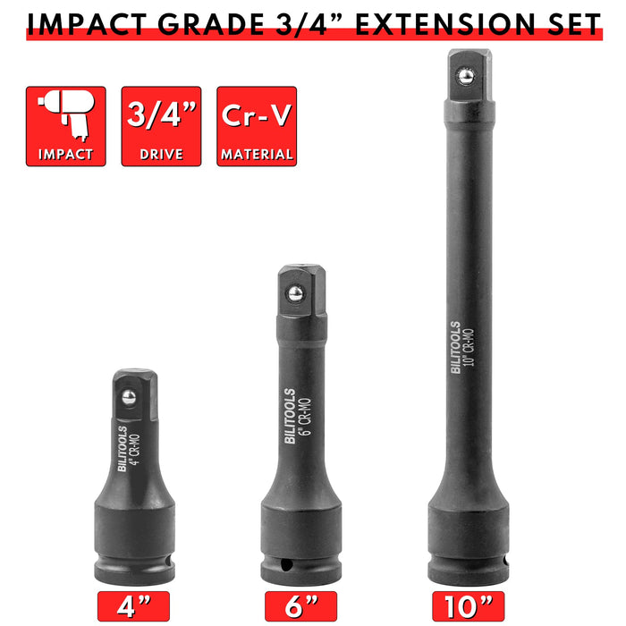 BILITOOLS 3/4 inch Drive Extension Set Impact Grade Socket Ratchet Extension Bar Set 4", 6", 10"