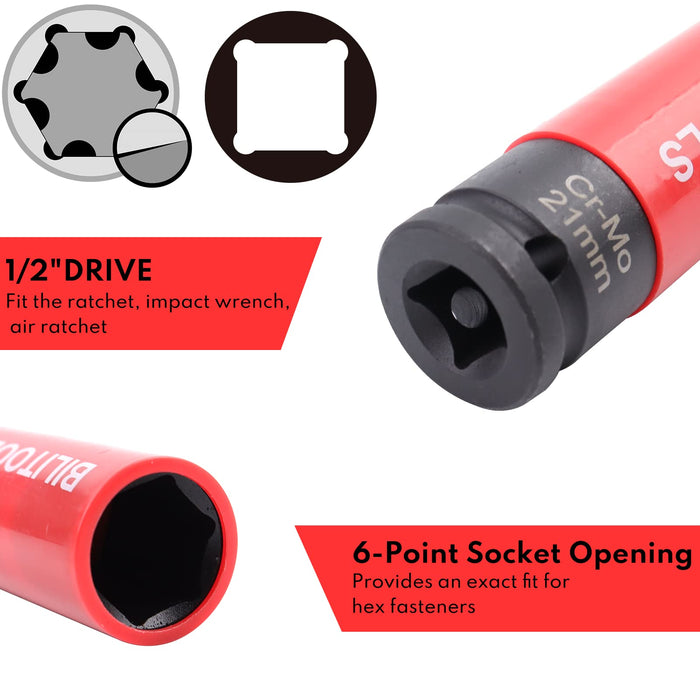 BILITOOLS 1/2 inch Drive Impact Lug Nut Socket Set, 15 17 19 21 22 MM Non-Marring Thin Wall Wheel Protector Nut Socket