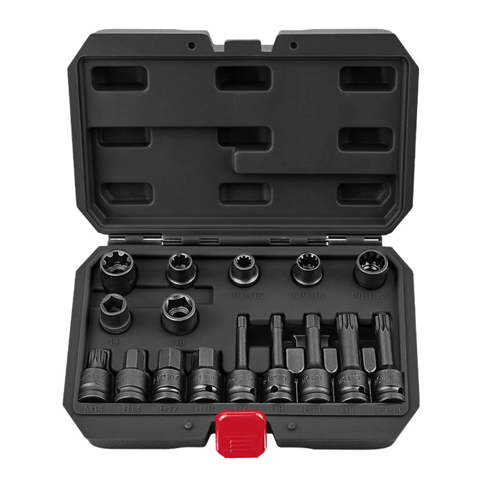 BILITOOLS 16-Piece Impact Brake Caliper Socket Set, 1/2" Drive Brake Adjusting Tool Compatible with Audi Porsche VW BMW Ford