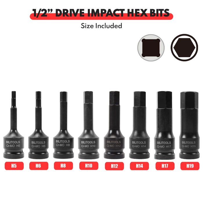 BILITOOLS 8-Piece Impact Hex Allen Bit Socket Set 1/2 inch Drive, H5-H19, Cr-Mo Steel