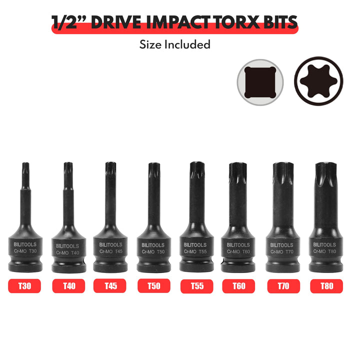 BILITOOLS 8-Piece Impact Torx Bit Socket Set 1/2 inch Drive, T30-T80, Cr-Mo Steel
