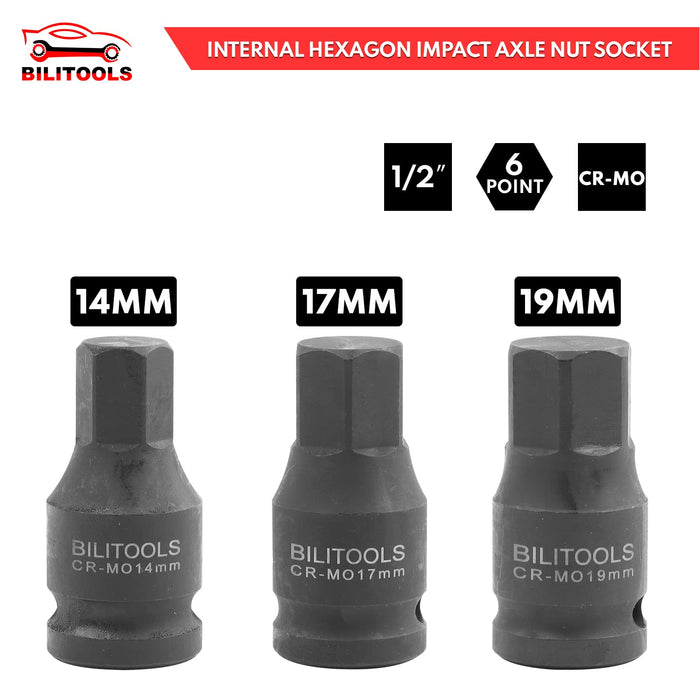 BILITOOLS 1/2" Drive Deep Axle Nut Spindle Impact Socket Set | 12 Point | CR-MO | 14-17 - 19-30 - 32-34 - 35-36 mm