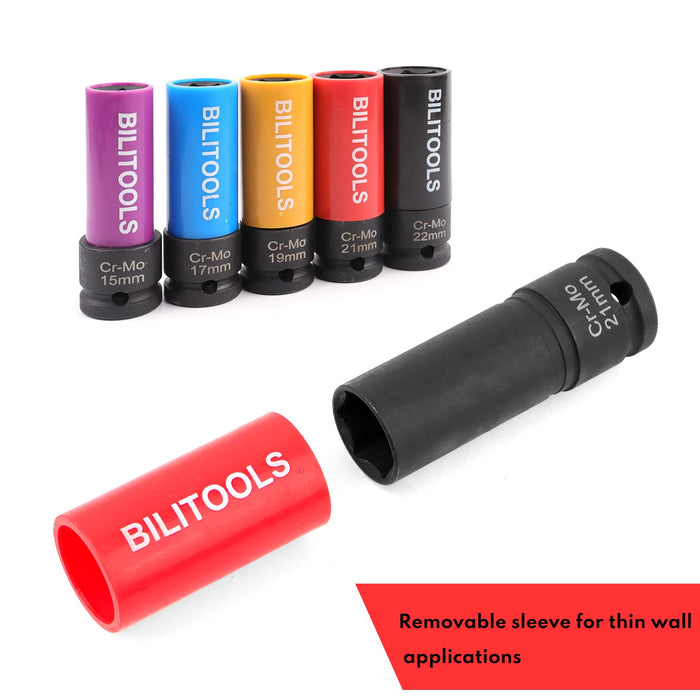 BILITOOLS 1/2 inch Drive Impact Lug Nut Socket Set, 15 17 19 21 22 MM Non-Marring Thin Wall Wheel Protector Nut Socket