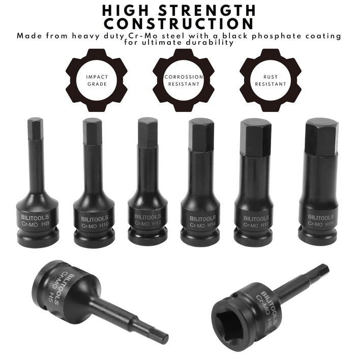 BILITOOLS 8-Piece Impact Hex Allen Bit Socket Set 1/2 inch Drive, H5-H19, Cr-Mo Steel