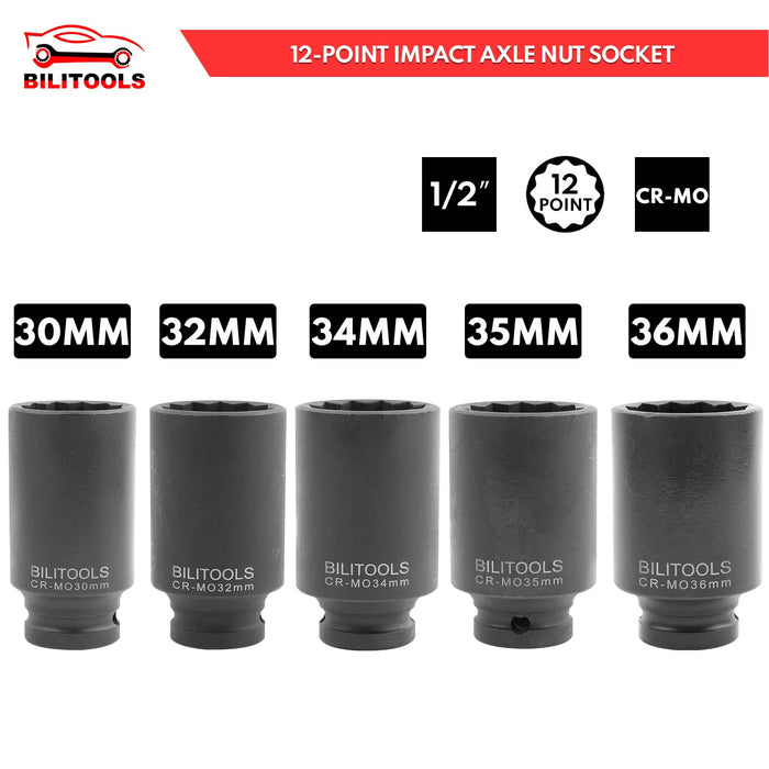 BILITOOLS 1/2" Drive Deep Axle Nut Spindle Impact Socket Set | 12 Point | CR-MO | 14-17 - 19-30 - 32-34 - 35-36 mm