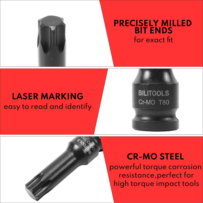 BILITOOLS 8-Piece Impact Torx Bit Socket Set 1/2 inch Drive, T30-T80, Cr-Mo Steel