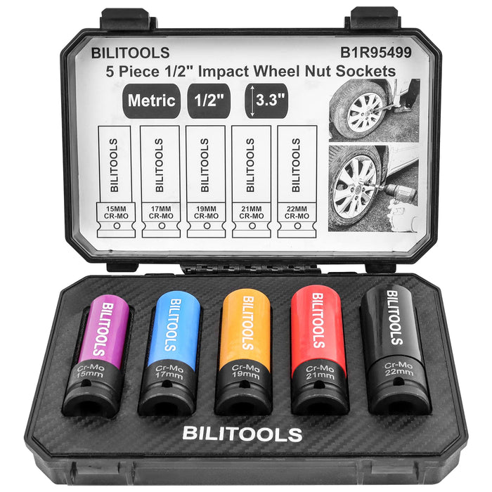 BILITOOLS 1/2 inch Drive Impact Lug Nut Socket Set, 15 17 19 21 22 MM Non-Marring Thin Wall Wheel Protector Nut Socket
