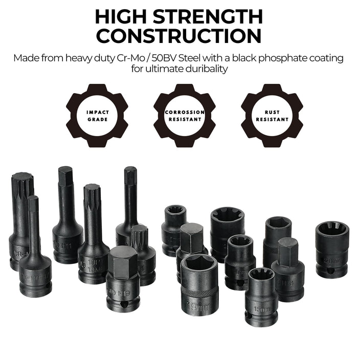 BILITOOLS 16-Piece Impact Brake Caliper Socket Set, 1/2" Drive Brake Adjusting Tool Compatible with Audi Porsche VW BMW Ford