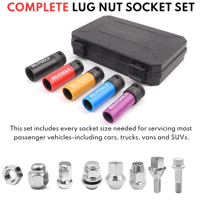 BILITOOLS 1/2 inch Drive Impact Lug Nut Socket Set, 15 17 19 21 22 MM Non-Marring Thin Wall Wheel Protector Nut Socket