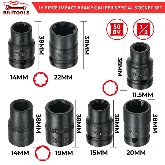 BILITOOLS 16-Piece Impact Brake Caliper Socket Set, 1/2" Drive Brake Adjusting Tool Compatible with Audi Porsche VW BMW Ford