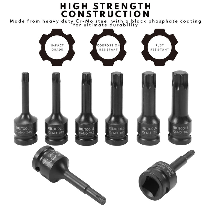 BILITOOLS 8-Piece Impact Torx Bit Socket Set 1/2 inch Drive, T30-T80, Cr-Mo Steel