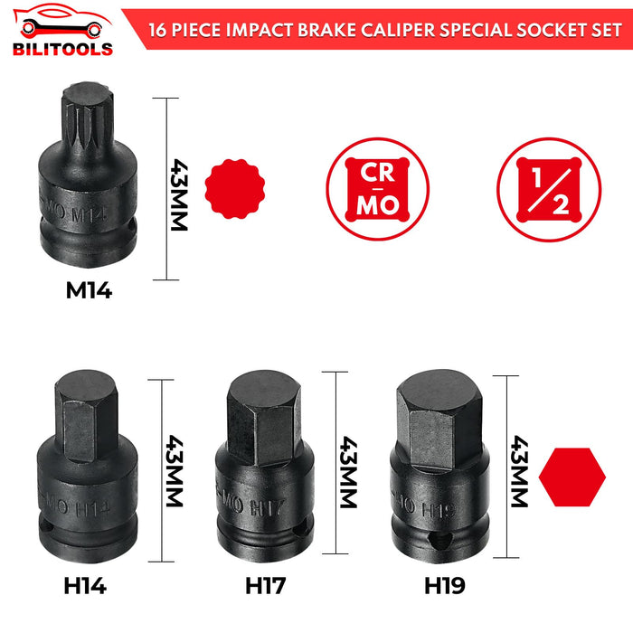 BILITOOLS 16-Piece Impact Brake Caliper Socket Set, 1/2" Drive Brake Adjusting Tool Compatible with Audi Porsche VW BMW Ford
