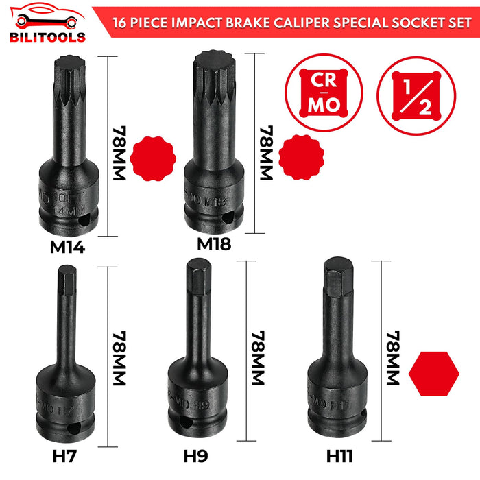BILITOOLS 16-Piece Impact Brake Caliper Socket Set, 1/2" Drive Brake Adjusting Tool Compatible with Audi Porsche VW BMW Ford