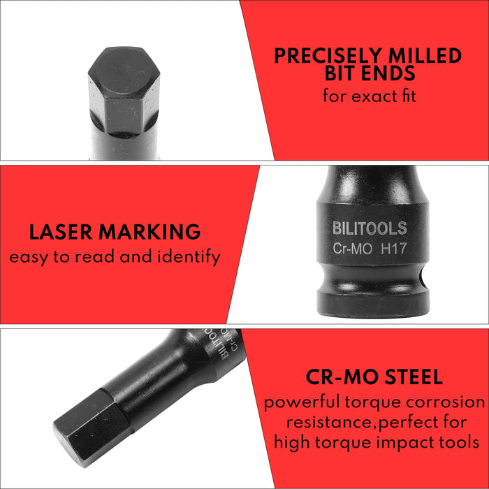 BILITOOLS 8-Piece Impact Hex Allen Bit Socket Set 1/2 inch Drive, H5-H19, Cr-Mo Steel
