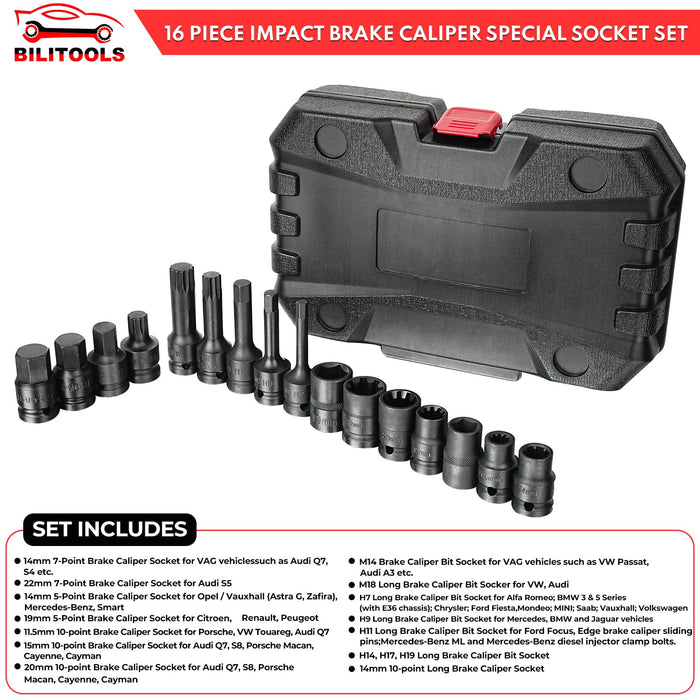 BILITOOLS 16-Piece Impact Brake Caliper Socket Set, 1/2" Drive Brake Adjusting Tool Compatible with Audi Porsche VW BMW Ford