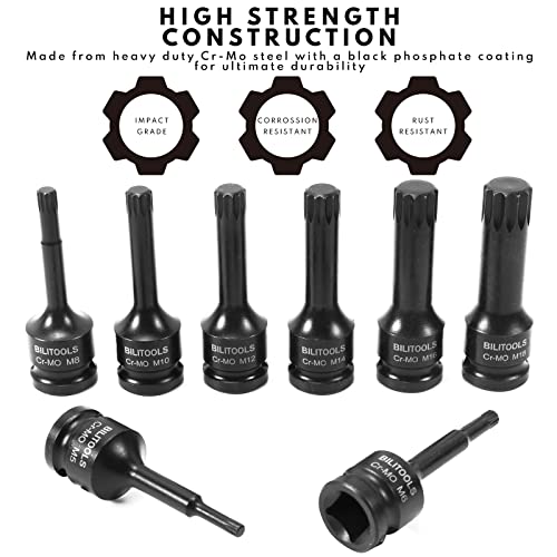 BILITOOLS 8-Piece Impact XZN Triple Square Spline Bit Socket Set 1/2 inch Drive, M5-M18, Cr-Mo Steel