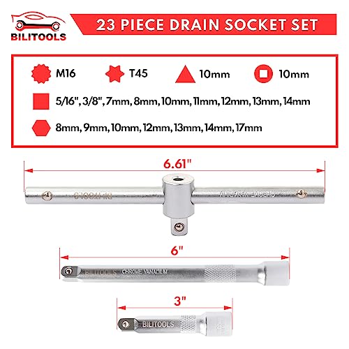 BILITOOLS 23-Piece Drain Plug Socket Set, 3/8" Drive Oil Drain Plug Key for Back Axle, Differential, Gearboxe & Engine Oil Sump