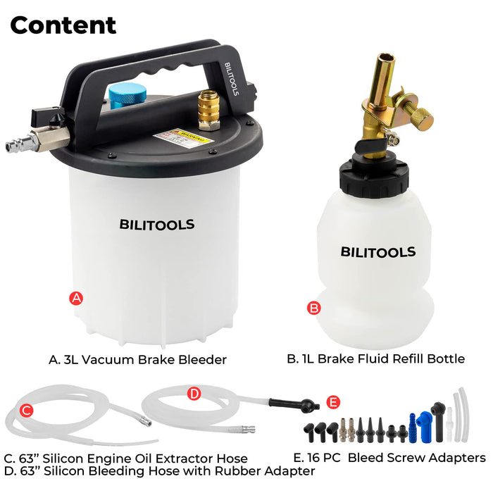 BILITOOLS 3L Vacuum Brake Bleeder Kit, One Person Pneumatic Brake Fluid & Clutch Bleeding Extractor Tool with Adapters & 1L Refilling Bottle