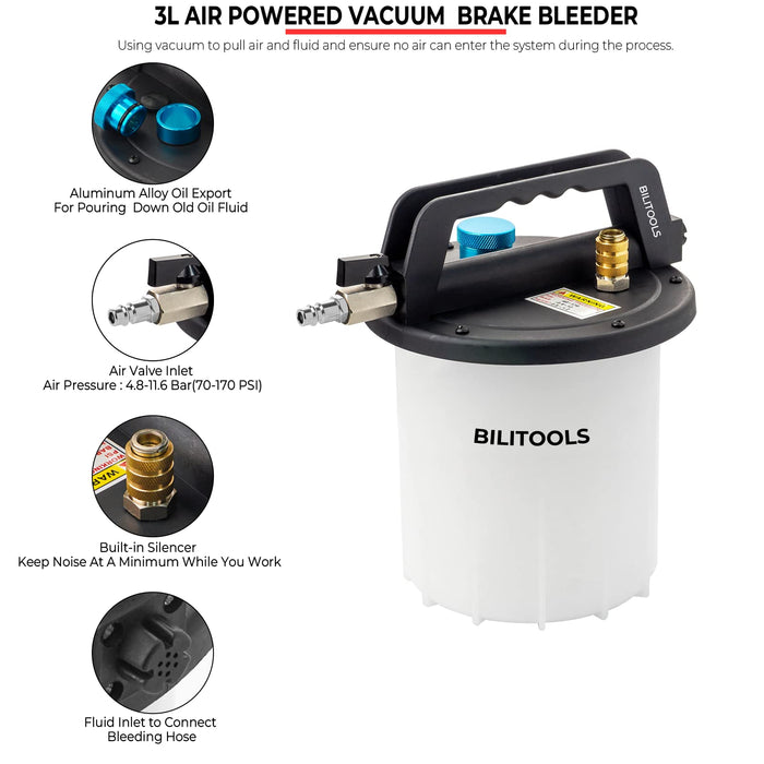 BILITOOLS 3L Vacuum Brake Bleeder Kit, One Person Pneumatic Brake Fluid & Clutch Bleeding Extractor Tool with Adapters & 1L Refilling Bottle