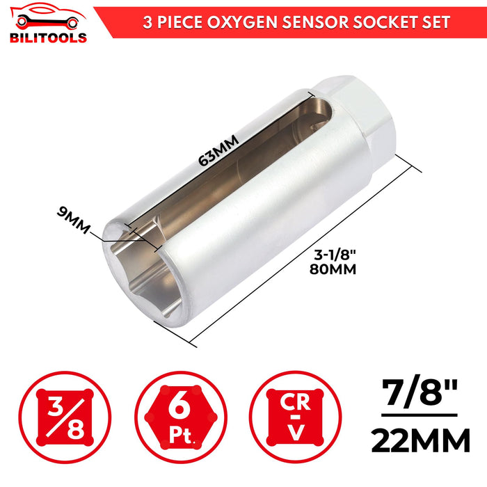 BILITOOLS 3-Piece O2 Oxygen Sensor Socket Set, Offset Oxygen Sensor Wrench Set 7/8" (22mm) x 3/8" & 1/2" Drive