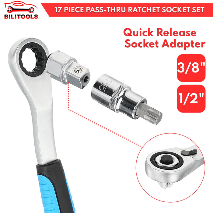 BILITOOLS 17-Piece Pass Through Socket Set, 3/8" & 1/2" Drive Pass Thru Spline Socket & Ratchet Set Go Through Design Metric/SAE 10-24mm