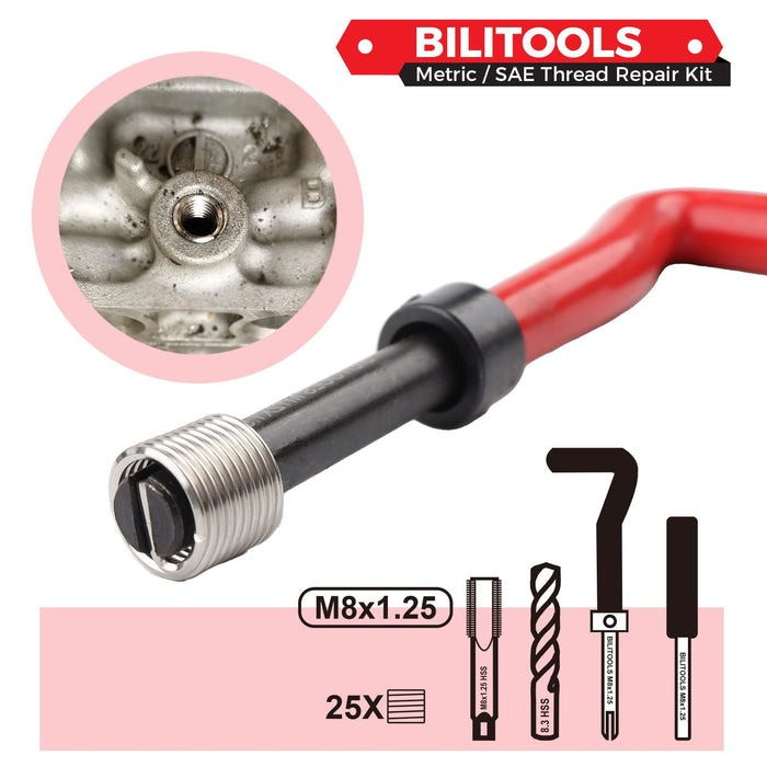 BILITOOLS M8x1.25 Thread Repair Kit, HSS Drill Helicoil Repair Kit Metric