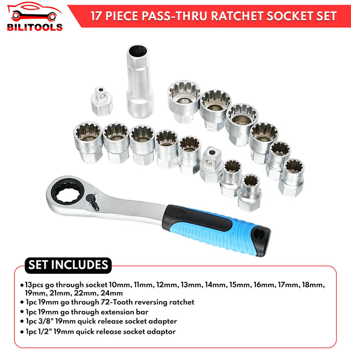 BILITOOLS 17-Piece Pass Through Socket Set, 3/8" & 1/2" Drive Pass Thru Spline Socket & Ratchet Set Go Through Design Metric/SAE 10-24mm