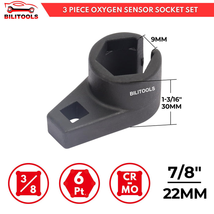 BILITOOLS 3-Piece O2 Oxygen Sensor Socket Set, Offset Oxygen Sensor Wrench Set 7/8" (22mm) x 3/8" & 1/2" Drive