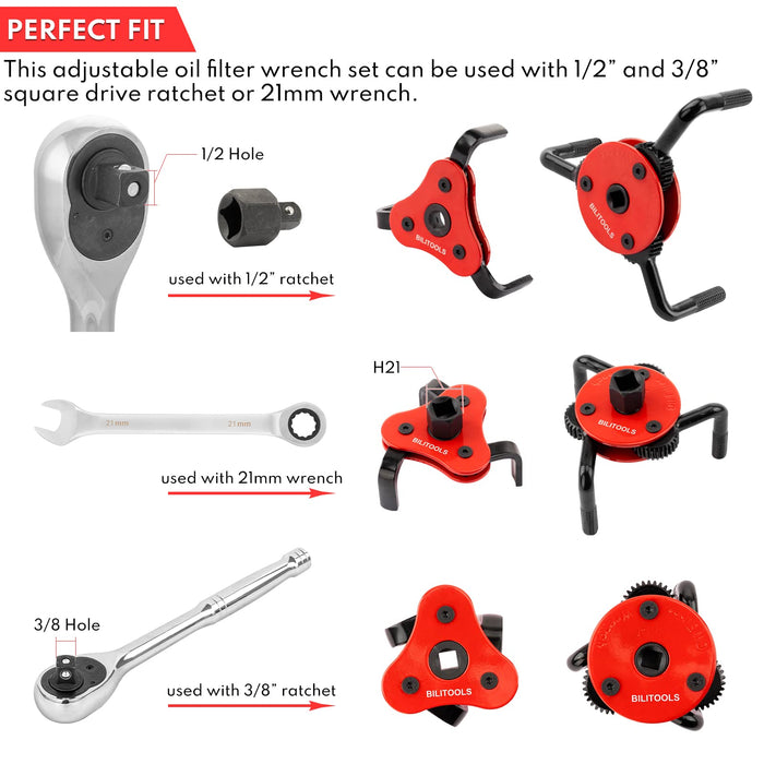 BILITOOLS Oil Filter Removal Tool, Universal Oil Filter Wrench Set Adjustable 2-1/2 to 4 inch & 3 to 5-1/2 inch, 1/2" Drive