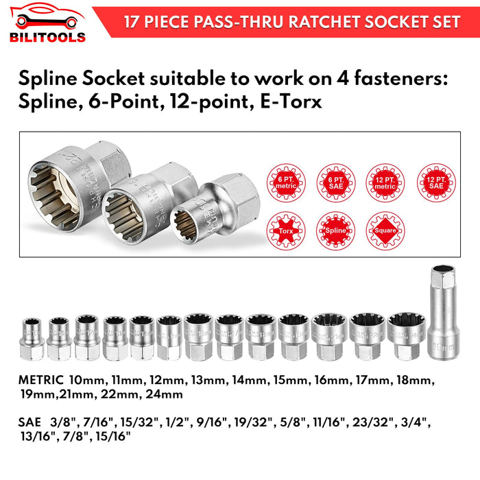 BILITOOLS 17-Piece Pass Through Socket Set, 3/8" & 1/2" Drive Pass Thru Spline Socket & Ratchet Set Go Through Design Metric/SAE 10-24mm