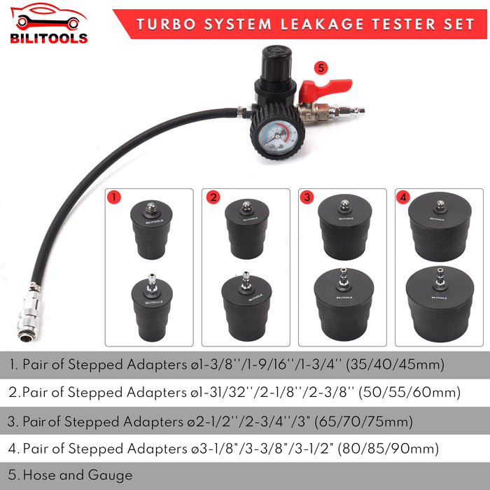 BILITOOLS 9-Piece Turbo System Leakage Tester Set Turbocharger Turbo Boost Leak Tester 1-3/8" - 3-1/2"