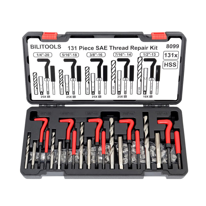 BILITOOLS Thread Repair Kit SAE, 131-Piece HSS Drill Helicoil Repair Kit 1/4" 5/16" 3/8" 7/16" 1/2"
