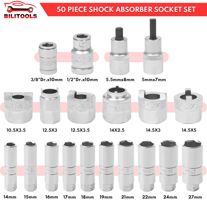 BILITOOLS Shock Absorber Strut Nut Removal Socket Tool 50-Piece Master Special Car Strut Tower Top Nut Remove Install Tool