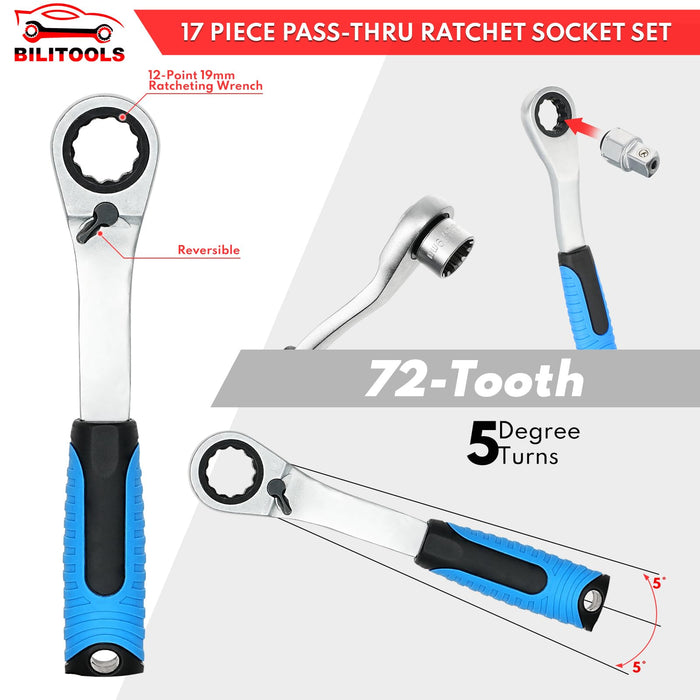 BILITOOLS 17-Piece Pass Through Socket Set, 3/8" & 1/2" Drive Pass Thru Spline Socket & Ratchet Set Go Through Design Metric/SAE 10-24mm