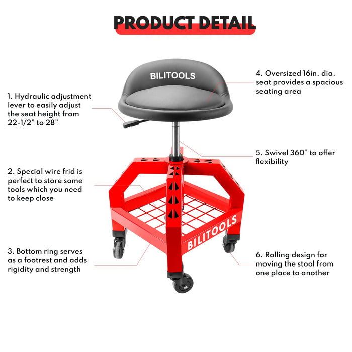 BILITOOLS Adjustable Shop Stool, Rolling Garage Mechanic Stool with Wheels 300LBS Capacity 16 inch Oversized Shop Chair