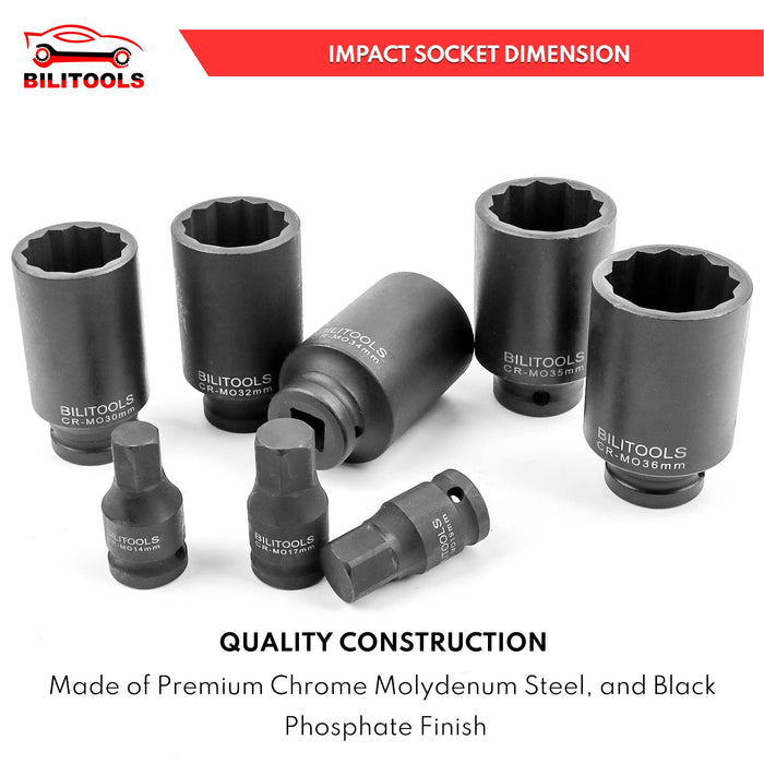 BILITOOLS 1/2" Drive Deep Axle Nut Spindle Impact Socket Set | 12 Point | CR-MO | 14-17 - 19-30 - 32-34 - 35-36 mm