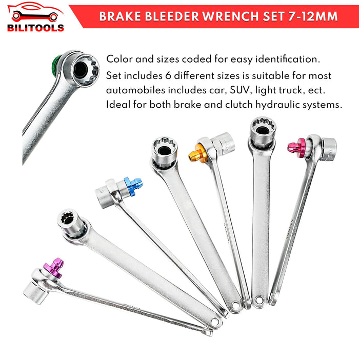 BILITOOLS Brake Bleeder Wrench Set, 7 8 9 10 11 12 MM Brake Bleeding Wrench Set with Non-Return Check Valve