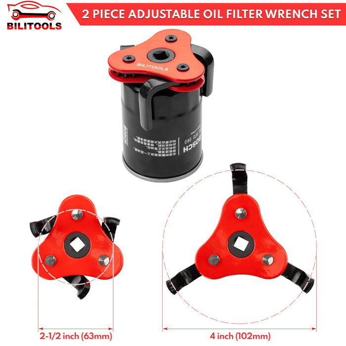 BILITOOLS Oil Filter Removal Tool, Universal Oil Filter Wrench Set Adjustable 2-1/2 to 4 inch & 3 to 5-1/2 inch, 1/2" Drive