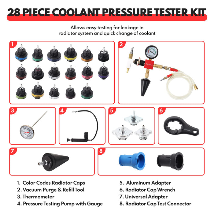 BILITOOLS Radiator Coolant Pressure Tester & Vacuum Refill Kit, 28-Piece Universal Cooling System Radiator Leak Tester & Refiller