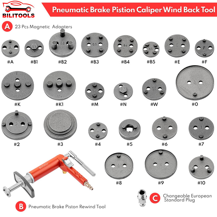 BILITOOLS Pneumatic Brake Caliper Tool, 24-Piece Disc Brake Piston Compression Wind Back Rewind Tool