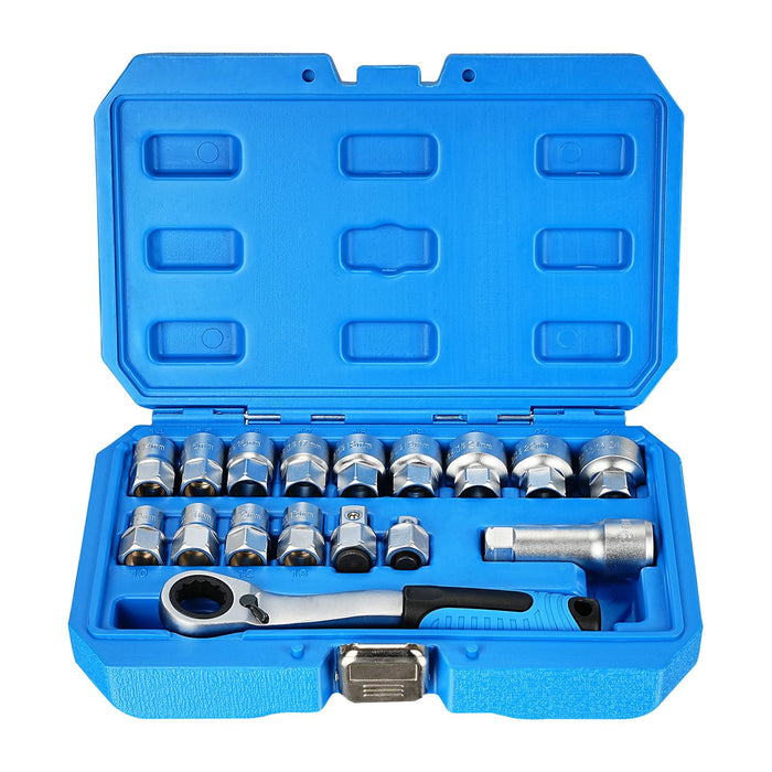 BILITOOLS 17-Piece Pass Through Socket Set, 3/8" & 1/2" Drive Pass Thru Spline Socket & Ratchet Set Go Through Design Metric/SAE 10-24mm